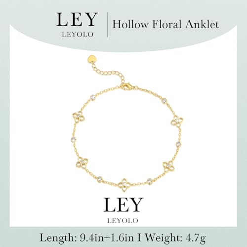 14K Gold Anklets for Women 14K Gold Ankle Bracelets for Women Flower Anklet for Womens Ankle Bracelets Hollow Floral Design with Zirconia Dainty Anklet for Womens Anklets Bracelet 9.4+1.6in2