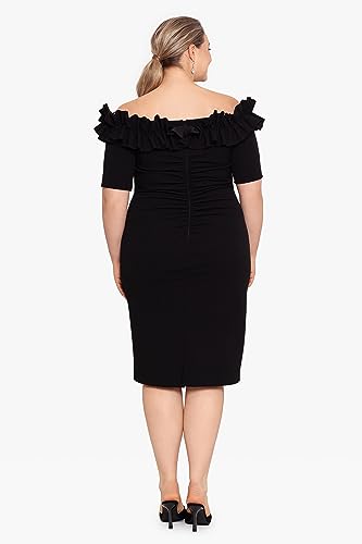 Image of Xscape Women's Knee-Length, Off-The-Shoulder, with Ruffled Neckline and Fitted Silhouette (Plus)