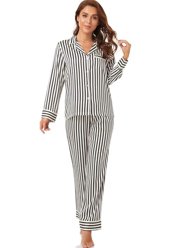 Image of Serenedelicacy Women's Satin Pajama Set Long Sleeve Button Down Sleepwear 2-Piece Silky Pj Set