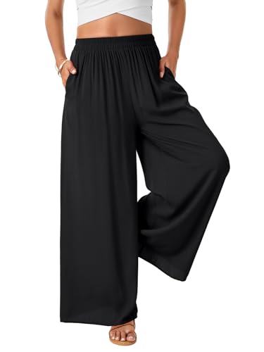 Rooscier Women's Wide Leg Elastic High Waist Flowy Lounge Trousers Maxi Pants with Pockets2