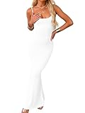 LAGSHIAN Women's Summer Casual Slip Maxi Dress Sexy Spaghetti Strap Bodycon Long Dresses White
