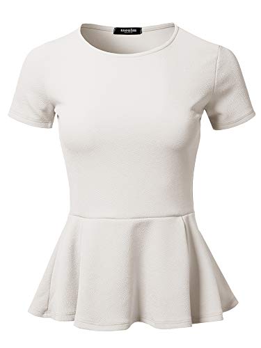 SSOULM Women's Flare Peplum Blouse - Short Sleeve Stretchy Fit and Flare Top, Classic Casual Shirt White 3X