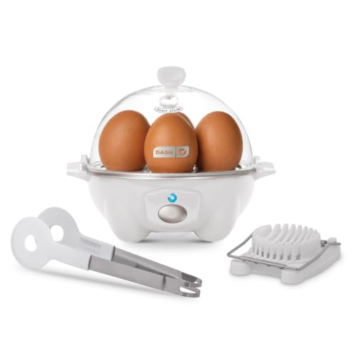 Dash Rapid Egg Cooker | Compact Poacher, Steamer, Boiler and Omelette Maker for Meal Prep, 7 Hard-Boiled Capacity with Auto Shut Off, Includes Egg Cutter &amp; Tongs, Great for Dorms &amp; Apartments, White