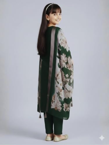 Image of Girls Ethnic Embroidered Silk Kurta Pant and Jacquard Dupatta Set | Kids Salwar Suit | three piece Traditional Outfit