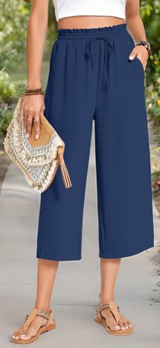 Image of Anyhold Women's Capri Pants Drawstring Casual Palazzo Trousers with Pockets Loose High Waisted Wide Leg Lounge Pants