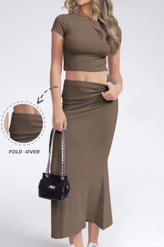 Image of CHYRII Womens Two Piece Sets Short Sleeve Crewneck Cropped Top Bodycon Fold Over Maxi Skirt Maxi Dress Outfit