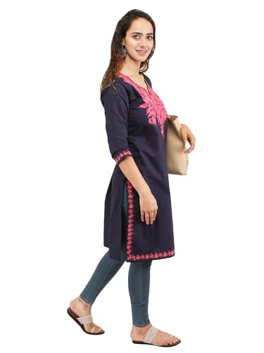 Image of QAZMI Women's Rayon Cotton Straight Keyhole Neck Three-Quarter Sleeves Kashmiri Embroidery Kurti