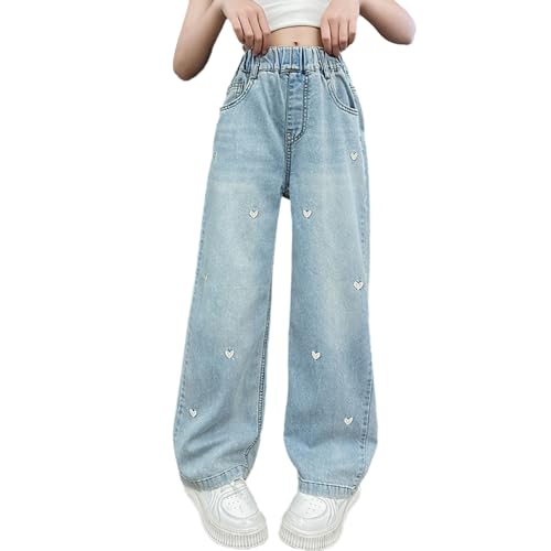 Tween Girls Baggy Jeans-Elastic Waistband Wide Leg Denim Pants with Heart Embroidery, Streetwear for Girls2