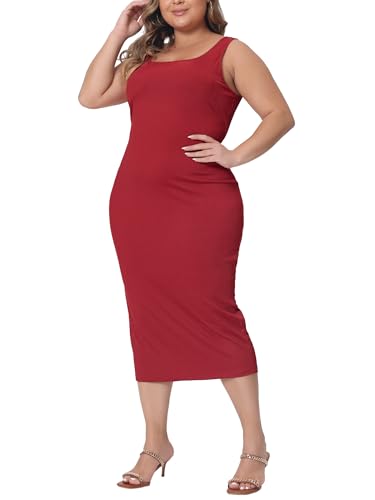 Image of Agnes Orinda Plus Size Dress for Women Summer Sleeveless Square Neck Bodycon Cocktail Sundress Sexy Midi Tank Dress