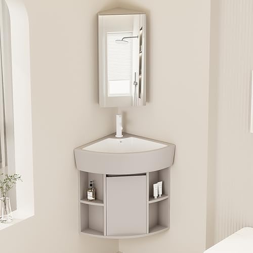 Triangle Wall Mount Corner Sink, 45cm Ceramic Vanity with Storage, Mirror & Faucet - Space-Saving Solution for Small Bathrooms & Kitchens