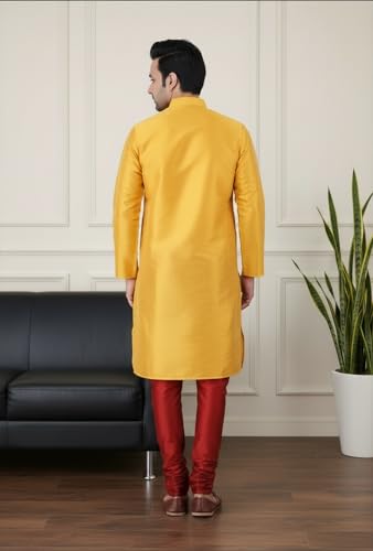 Image of Sadree Men's Silk Blend Mandrin Collor Full Sleeve Knee Length Indian Kurta Chudidar Pyjama Set