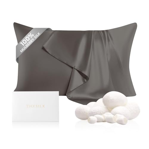 Image of THXSILK 100% Mulberry Silk Pillow Case, Real Silk Pillowcase for Hair and Skin, 22 Momme Hypoallergenic Pillow Cover with Hidden Zipper, 1pc (Dark Gray, Standard 20 inchx26 inch)