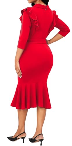 Image of Women's Vintage Pencil Dress Wear to Work | Sexy 3 /4 Sleeve V Neck Mermaid Dress for Women Business Cocktail Party Wedding