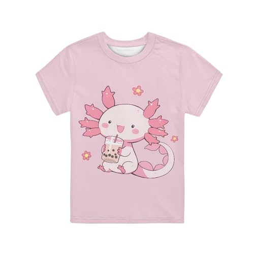 Biyejit Pink Cute Axolotl Girls T-Shirts Short Sleeve Crewneck Kids Tee Shirt Summer Active Tops Clothes Size 3-16 Years