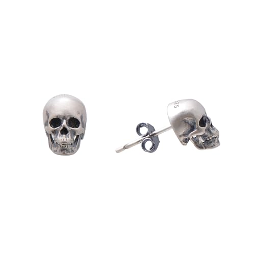 Paialco Sterling Silver Antiqued Skull Stud Earrings for Men Women, Cool Mens Earrings Hypoallergenic