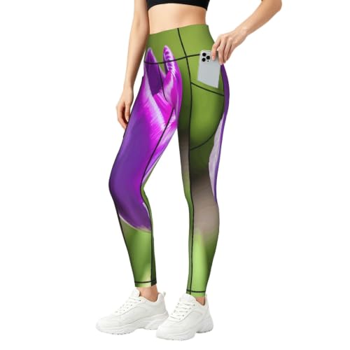 Mallas de yoga opacas con bolsillos y estampado floral morado