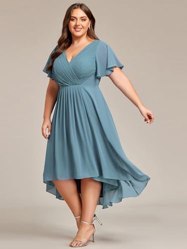 Image of Ever-Pretty Plus Summer Short Sleeves V-Neck Formal Wedding Guest Dresses for Curvy Women Chiffon Midi Cocktail Party Dress