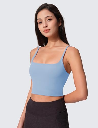 Image of Womens Scoop Neck Longline Sports Bra U Back Adjustable Strap Double Lined Workout Crop Tank Top with Built in Pads