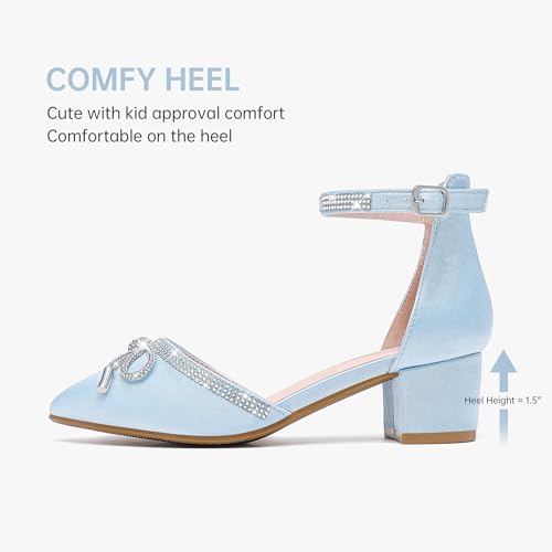 Image of LAURMOSA Girls Sandals Closed Toe High Heels Pointed Toe Ankle Strap Pumps Flower Girl Dressy Shoes in Wedding Party Cute Bowknot Chunky Block Heeled for Little Big Kids