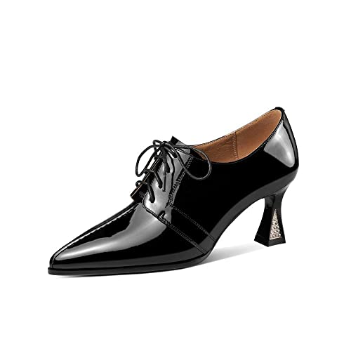TinaCus Handmade Women's Patent Leather Pointed Toe Front Lace Up Mid Spool Heel Shoes