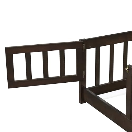 Queen Size Floor Bed Frame with Slats and Safety Guardrail, Wood Queen Size Montessori Floor Bed with Door and Fence, Easy Assemble Montessori Beds for Kids, Girls, Boys, Espresso