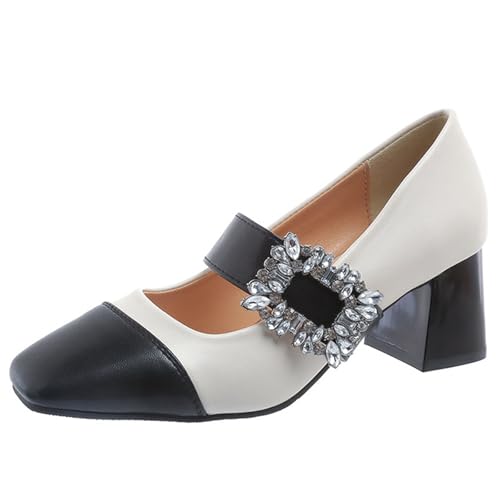 Womens Leather Block Heel Mary Jane Comfortable Square Toe Adjustable Hook and Loop Elegant Rhinestone Dress Pumps Wedding Party Low Heel High Heels