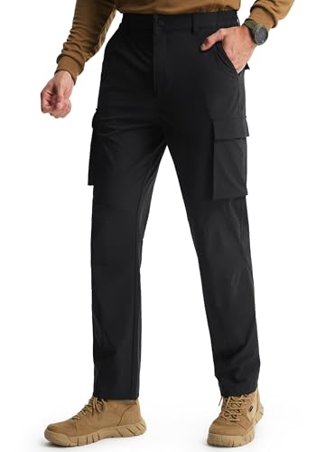 Libin Men's Hiking Pants Lightweight Quick Dry Cargo Pockets Water Resistant Work Travel Pants Elastic Waist Straight Leg Regular Fit Soft Outdoor UPF 50+, Black, 32W x 30L