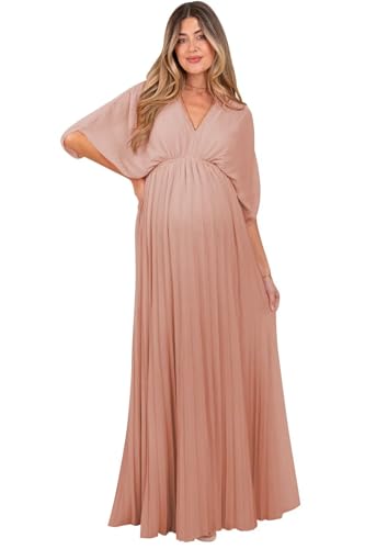 Elegant V Neck Maternity Dresses 2025 Chiffon Baby Shower Dresses with Pleat TM170