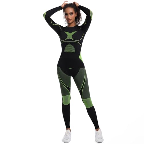T-peng Sports Women's 2-Piece Thermal Base Layer Set, Long Sleeve Top and Leggings, Long Johns, Performance Compression Fit (lime green, Medium)
