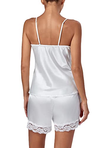 Lyaner Women's 3Pcs Sleepwear Silk Satin V Neck Lace Trim Cami Top And Shorts Pajama Set With Robe White Small #TOP3