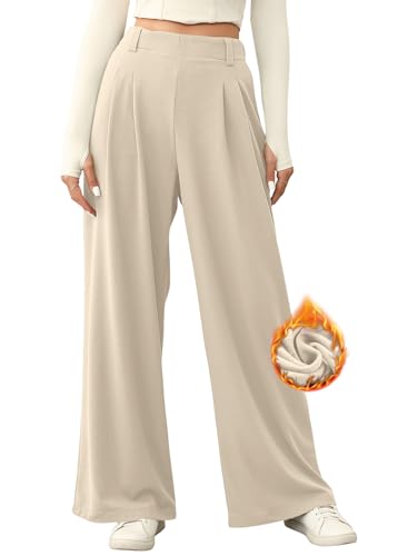 EVALESS Wide Leg Fleece Lined Pants for Women Elastic High Waisted Business Work Casual Waffle Knit Trousers 2025 Fall Winter Trendy Palazzo Pants Slacks with Pockets Petite Beige Small