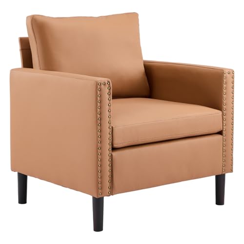 Sepnine Modern Accent Chair Mid-Century Faux Leather Armchair for Living Room, Comfy Upholstered Club Chair Sofa Chair with Decorative Rivet Accents for Bedroom, Reading Room (Brown, 1 Pack)