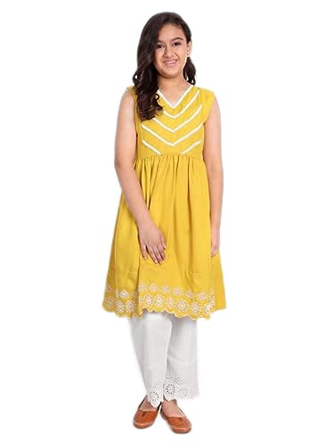 Image of Modish Couture Kid's Girl Stylish Fashionable Self Design Kurta & Plazzo Set (Musterd &White) - MDCT 021