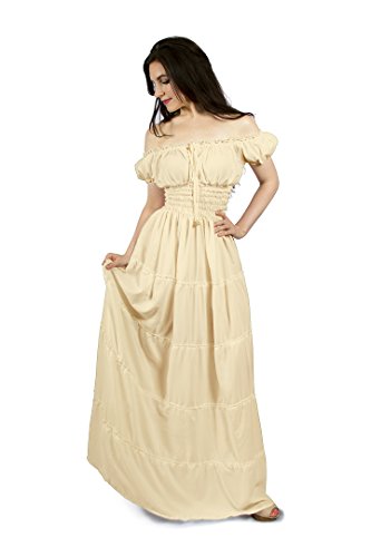 Renaissance Peasant Faire Gown Boho Hippie Sun Dress (S/M, Cream)