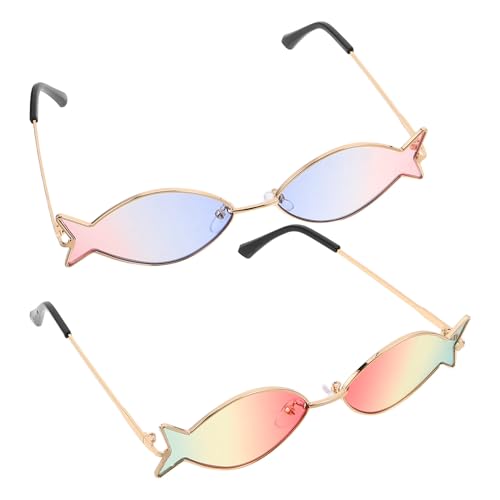 Gatuida Gafas de Sol Tropicales para Mujer y Hombre, 2 Piezas Montura Irregular Dorada y Lentes en Colores Rosa, Amarillo, Verde y Azul, Diseño Divertido Forma de Pez para