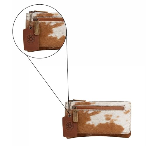 Image of Myra Wildfire Leather and Hairon Cowhide Wallet - 7.5x4 inch Cow Print Wallets for Women, Brown and White, Long, Western Cowprint, Boho Style, Country Stuff, Cowgirl Gifts for Women, Mom, Sister, Aunt