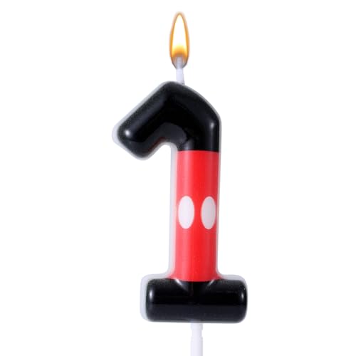 Vela de aniversário com número vermelho e preto, velas de aniversário com números temáticos de desenhos animados vela de aniversário com número de rato vermelho de parafina ornamento para bolo (Número