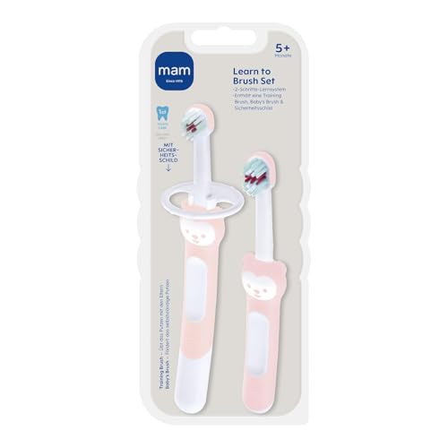 MAM Learn to Brush Set, Baby Zahnbürste mit langem Griff zum gemeinsamen Halten, Kinderzahnbürste trainiert das Zähneputzen, ab 5+ Monate, rosa – Bild 3