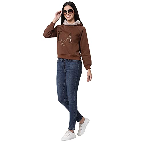 Image of Juelle Women Embellished Brown Hooded Fleece Sweatshirt