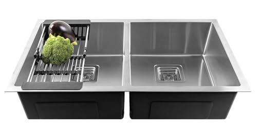 Image of Fossa 45x20x10 Inch Handmade Double Bowl Kitchen Sink | Premium Stainless Steel Sink with Waste Coupling, PVC Waste Pipe & Fruit Basket | Heavy-Duty for Modern Kitchens Silver (Matte Finish)