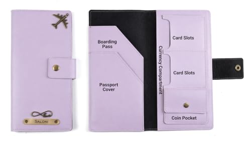 Image of AICA Personalized Name & Charm Long Leather Wallet Passport Cover with (Purple) Passport Boarding Pass Currency Card Slot & Coin Holder for Men & Women|Corporate Gift Employee Colleagues| Diwali Gifts