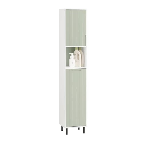 SoBuy Colonne Salle de Bain étroite avec Sac à Linge Meuble de Salle de Bain Haut avec étagère, Armoire de Rangement Gain de Place pour WC Blanc et Vert...