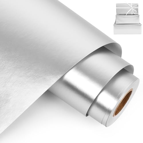 Aimyoo Silver Metallic Wrapping Paper Roll - 17 Inches X 60 Feet Matte Solid Silver Color Paper for Birthday Christmas Wedding Baby Shower Holiday Bridal Shower