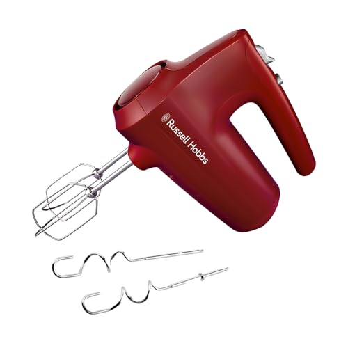 Russell Hobbs Handrührgerät [Handmixer] Desire Red (5 Geschwindigkeitsstufen+Pulsfunktion, 2 Spülmaschinengeeignete Rührbesen & Knethaken mit Chromapplikationen, Standfuß, 350W) Handrührer 27152-56