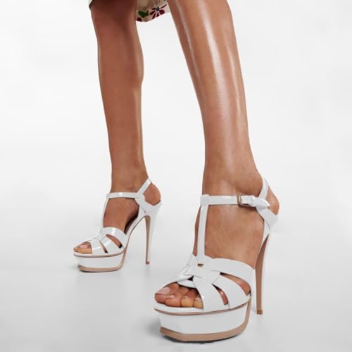 YDN Women's Strappy High Heeled Platform Sandals Peep Toe Stiletto Heels T-strap Ankle Strap Buckled Elegant Dress Shoes Size 4-16 US4