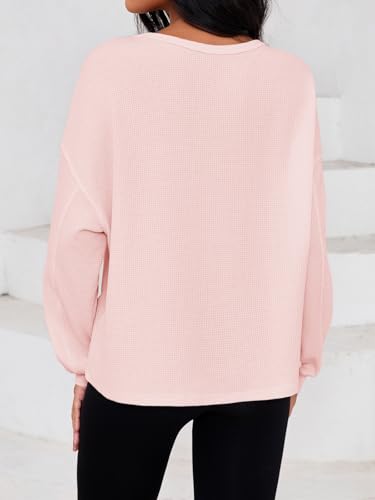 Fisoew Womens Cropped Sweatshirt Casual Waffle Knit Button V Neck Long Sleeve Loose Fit Fall Crop Tops Light Pink