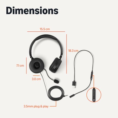 Image of Amazon Basics On Ear Wired Computer Headset with Adjustable Microphone, 3.5mm Port or in-Line Control with USB-A Port, Foldable, Clear Sound, Small /Medium Size, Black