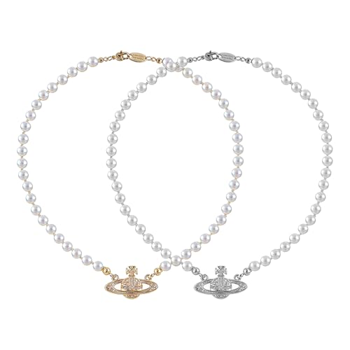 Pearl Saturn Necklace for Women Rhinestone Planet Choker Artificial Pearl Necklace Birthday Party Anniversary Ladies Wedding Charm Jewelry Gift(2Pcs Saturn Gold&Silver)