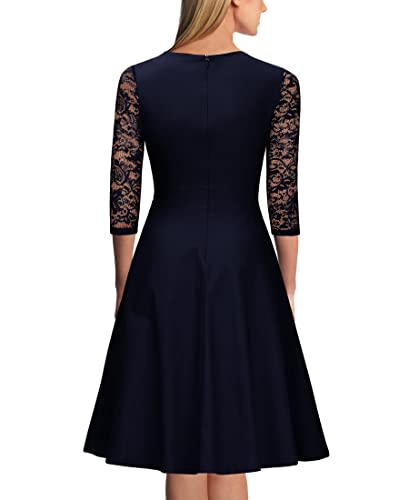 Miusol Women's Vintage Square Neck Floral Lace 2/3 Sleeve Cocktail Swing Dress, Navy Blue, Xx-Large #TOP1