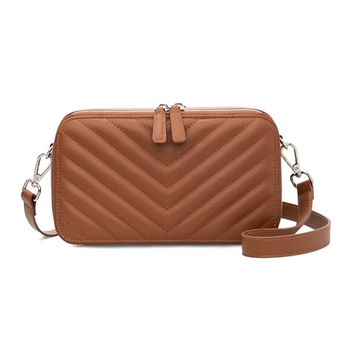 befen Quilted Genuine Leather Crossbody Bags for Women, Purses with Built in RFID Wallet, Woman Camera Shoulder Bag Handbags, Brown Crossbody Purses with Adjustable Strap